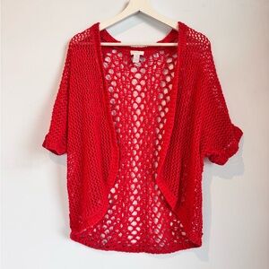 Chico's Red Cotton Blend Chunky Knit Open Front Cardigan Top Short Sleeve Size 1